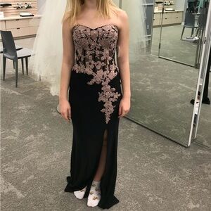 David's Bridal Strapless Black Dress with Pink Floral Design